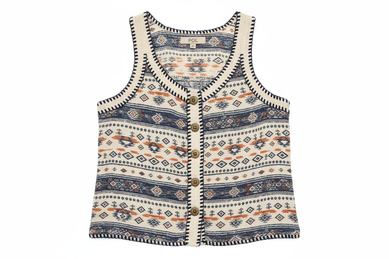 POL printed contrast button down cami top with trim detail and blanket stitch, women's casual sleeveless camisole