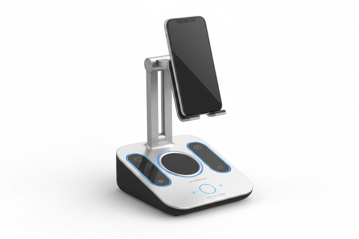 Cell phone stand with wireless Bluetooth induction speaker, HD surround sound for home and outdoor use