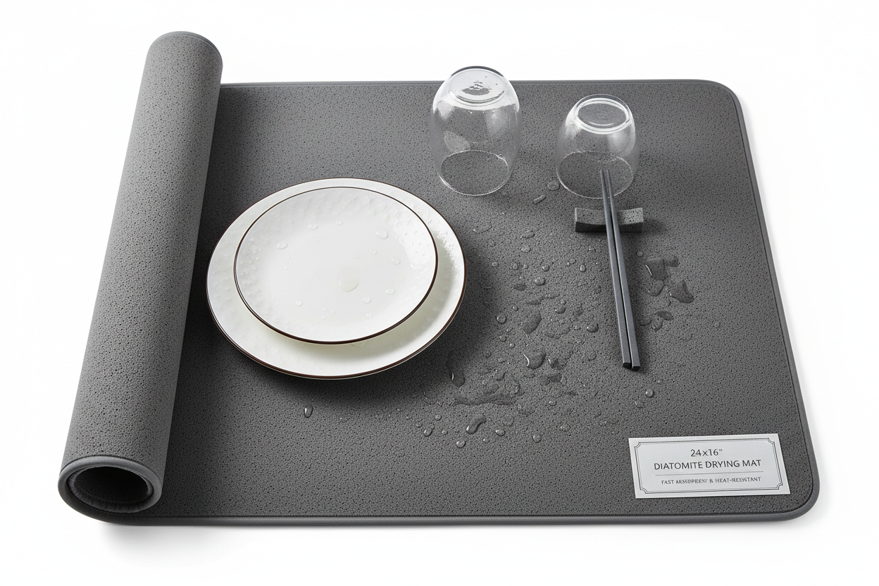 Diatomite stone dish drying mat 24x16 inch, foldable roll-up dark gray super absorbent heat-resistant mat