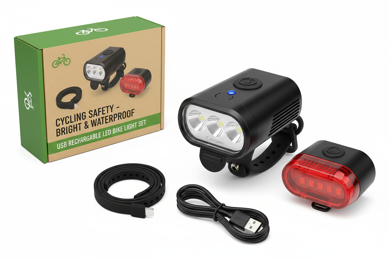 USB rechargeable LED bike headlight and tail light combo set, cycling safety front and rear bicycle lights