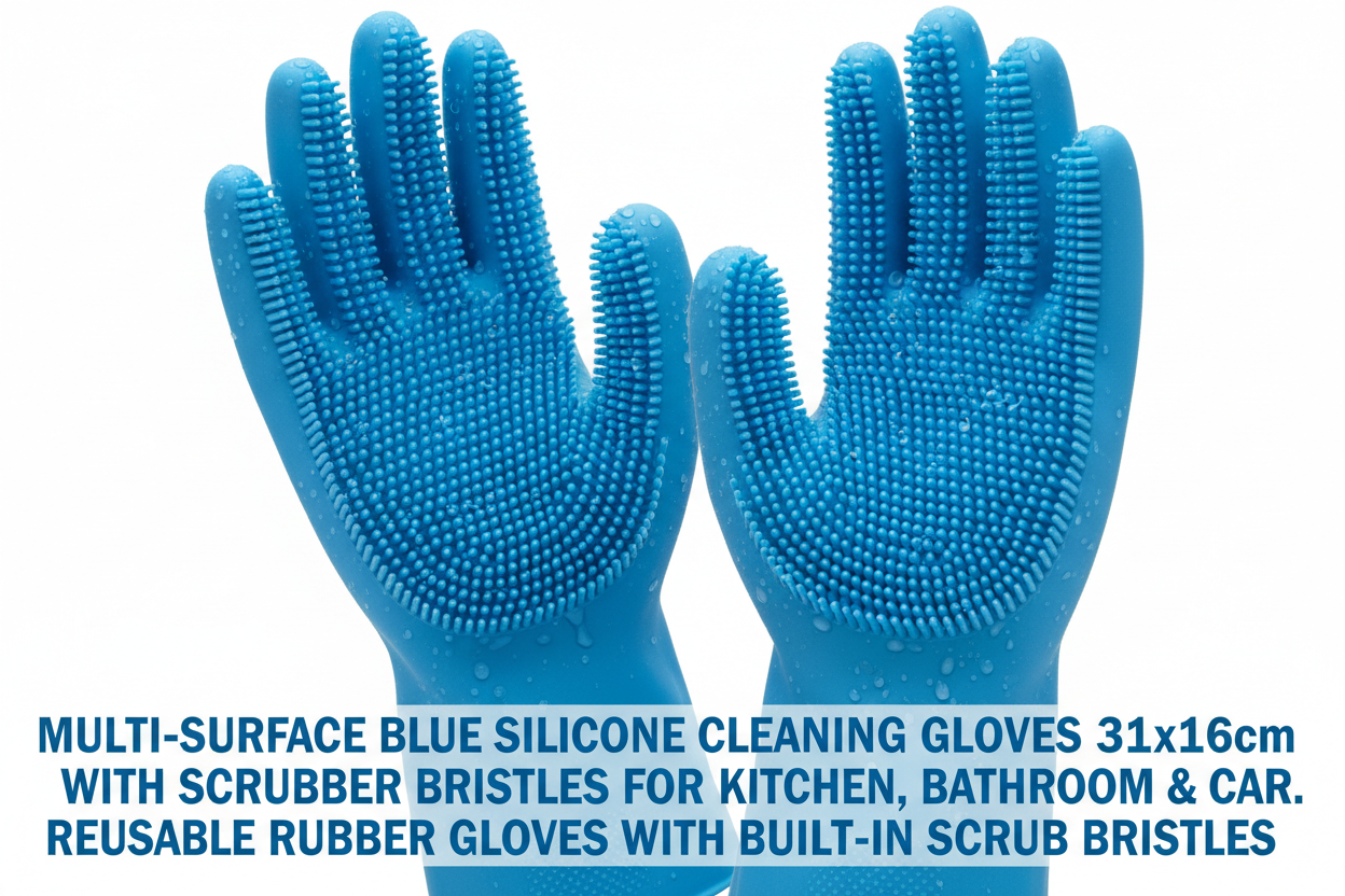Multi-surface blue silicone cleaning gloves with scrubber bristles for kitchen bathroom and car cleaning