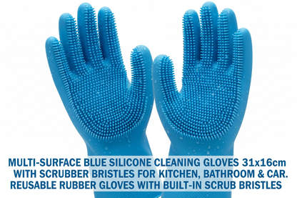 Multi-surface blue silicone cleaning gloves with scrubber bristles for kitchen bathroom and car cleaning