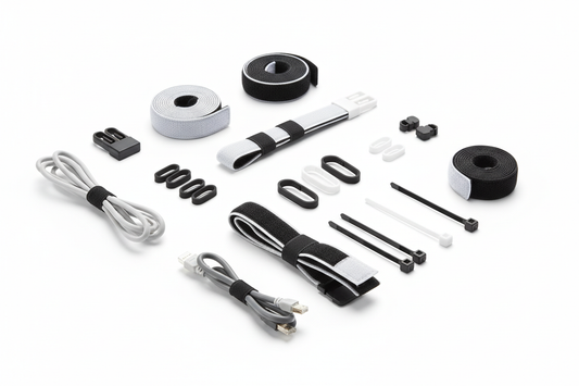 Black and white cable ties set for data cable management and desktop computer organization