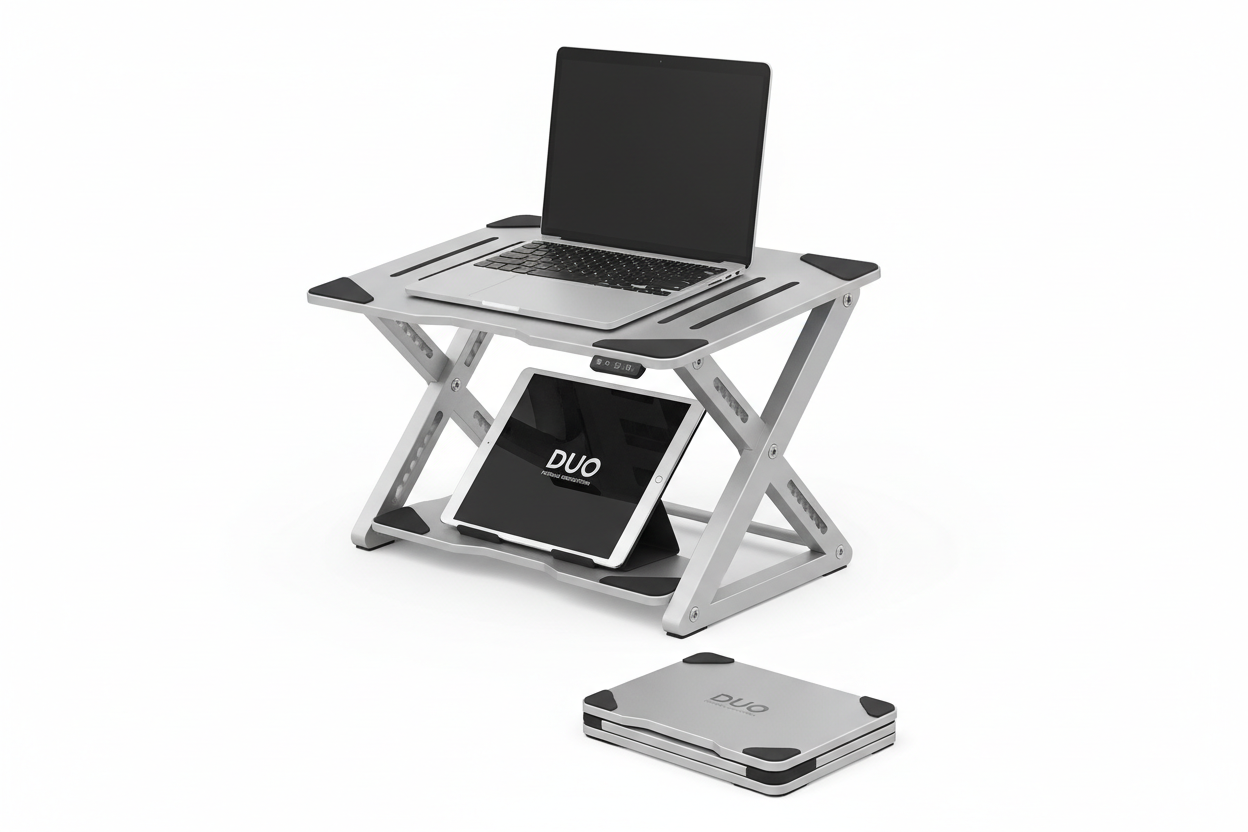 Duo portable foldable laptop workstation, lightweight adjustable standing desk riser for home office and travel