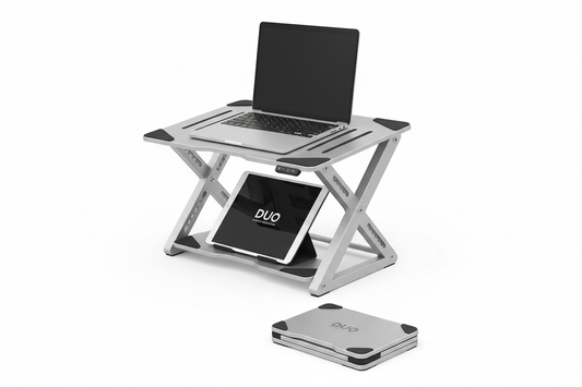 Duo portable foldable laptop workstation, lightweight adjustable standing desk riser for home office and travel