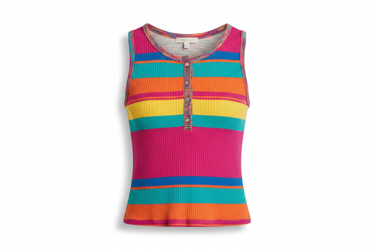 POL colorful button round neck ribbed tank top for women, casual sleeveless ribbed knit top with button detail