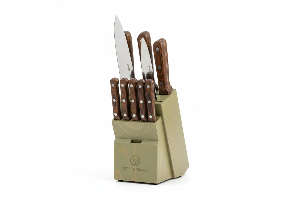 6-piece kitchen knife set with wooden block, high carbon stainless steel sharp knives with wood grain handle