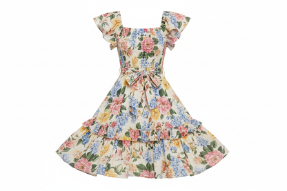 Floral print square collar dress summer fashion with ruffles, women's elegant floral ruffle dress with square neckline