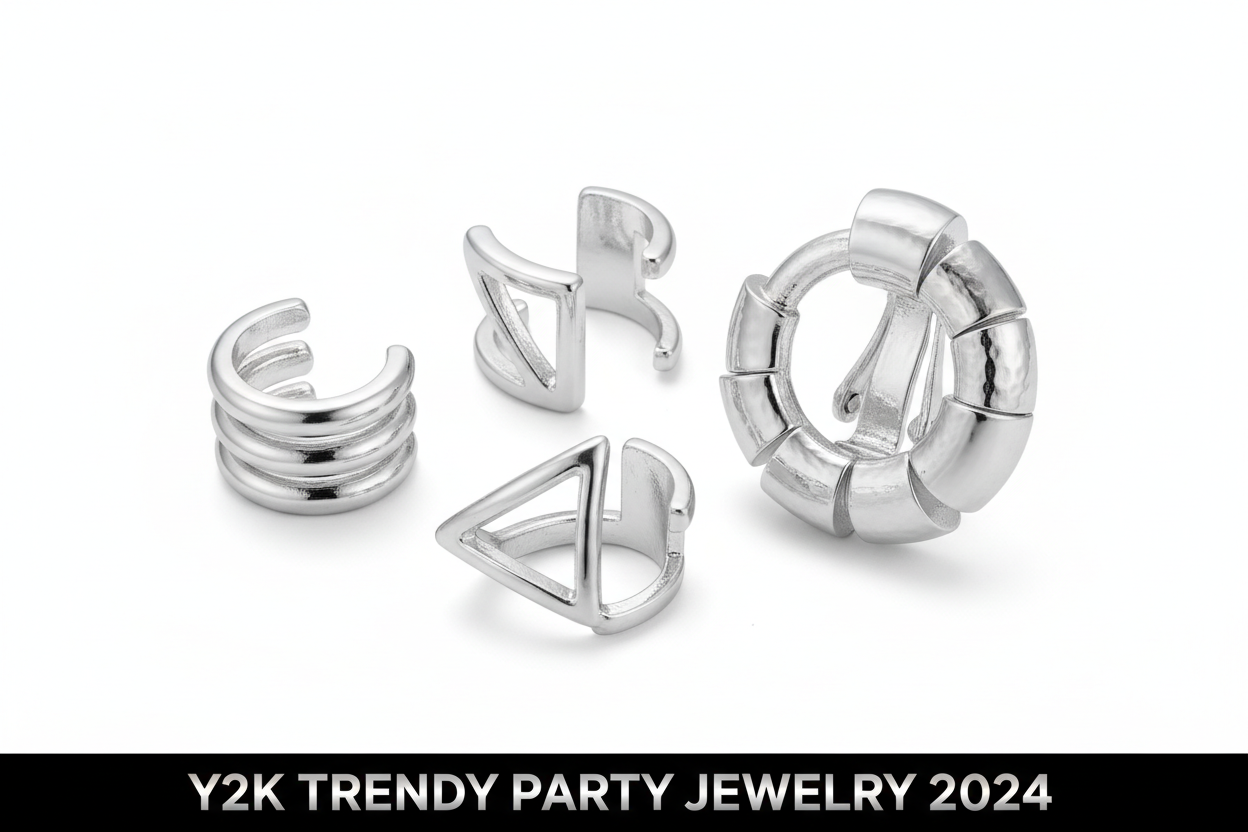 3-piece metal chunky no piercing clip earrings, geometric ear cuff Y2K trendy party jewelry for women