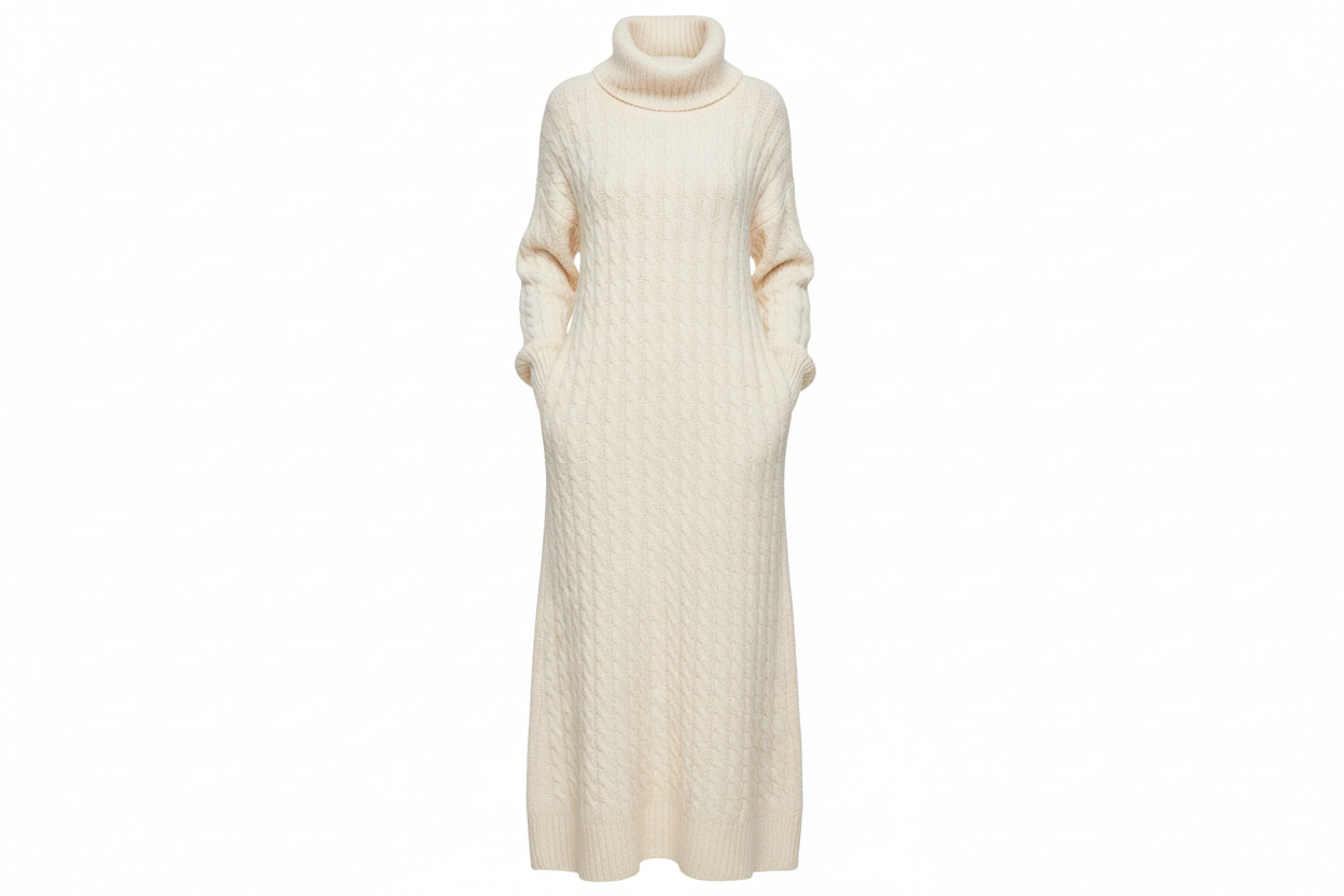 Solid turtleneck long sweater winter warm women sweater dress, elegant knit maxi sweater dress in neutral color