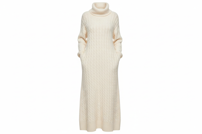 Solid turtleneck long sweater winter warm women sweater dress, elegant knit maxi sweater dress in neutral color