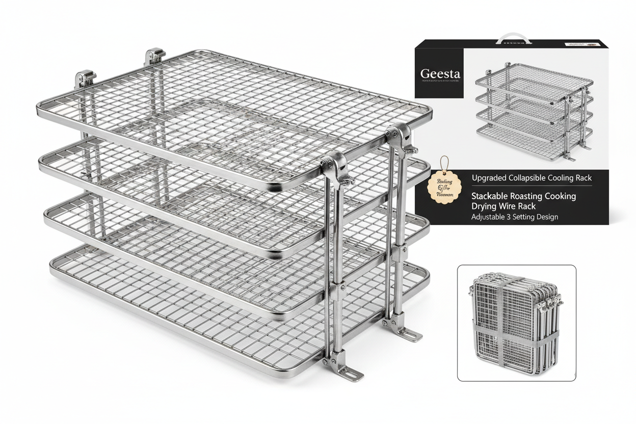 Geesta collapsible cooling rack, stackable adjustable wire rack for roasting cooking drying and baking cookies