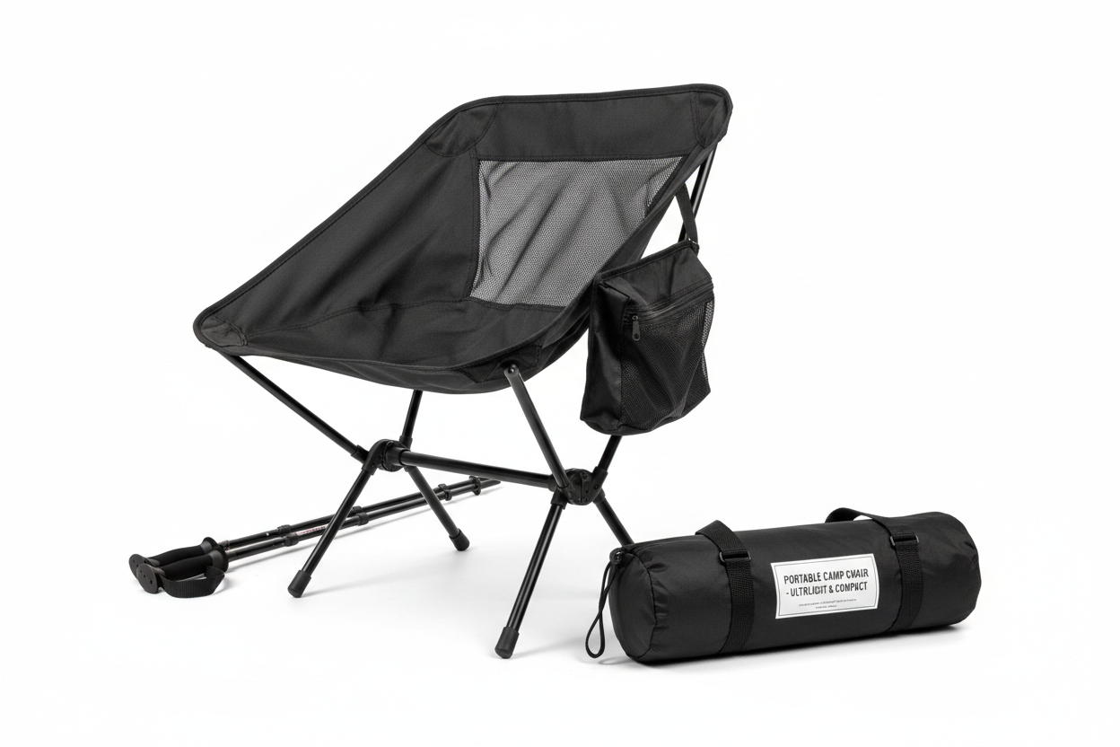 Low back ultralight folding camping chair with storage pouch in black, portable lightweight outdoor camp chair