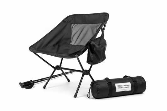 Low back ultralight folding camping chair with storage pouch in black, portable lightweight outdoor camp chair